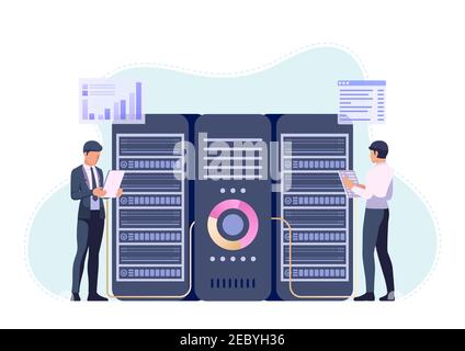 Businessmans or Engineer Working in Data Center Room. Server Management and Database System Maintenance Concept. Stock Vector
