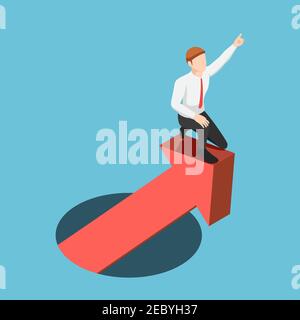 Flat 3d Isometric Businessman Leading Financial Graph Rising From Hole. Business Success and Leadership Concept. Stock Vector