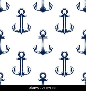 Retro seamless marine anchors pattern of dark blue anchorage items over white background. May be used as navy backdrop, sailing club or nautical theme Stock Vector