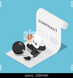 Flat 3d Isometric Businessman Chained with Big Metal Ball Sitting On Contract. Business Corporate Slavery and Contract concept. Stock Vector