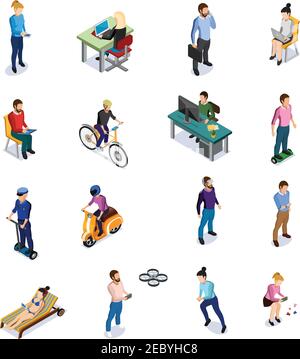 Isometric people icons set with men and women using different kinds of transport and electronic devices on white background Stock Vector