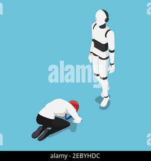 Flat 3d Isometric Businessman Prostrated In Front Of Ai Robot. Artificial Intelligence Technology and Ai Rule The World Concept. Stock Vector