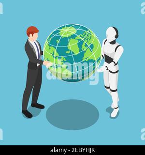 Flat 3d Isometric Businessman and Ai Robot Holding The World Together. Teamwork and Ai Artificial Intelligence Concept. Stock Vector