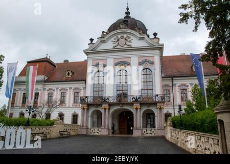 Main Entrance of Royal Palace of Gödöllő (Godollo) or Grassalkovich Castle, Pest County, Hungary. Construction began in 1733. Stock Photo