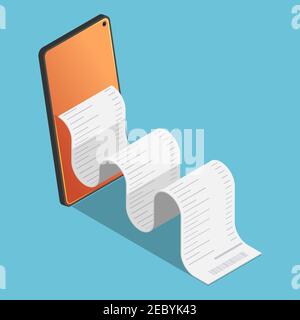 Flat 3d Isometric Financial Bill come out from smartphone.  Mobile Electronic Payment and Internet Banking Concept. Stock Vector