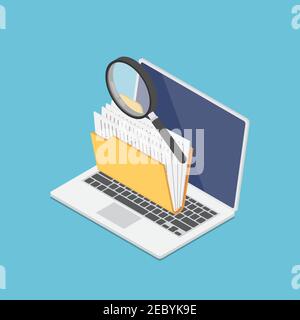 Flat 3d Isometric Laptop Computer with Folders and Magnifying Glass on Screen. Data Analysis and Open Data Concept. Stock Vector