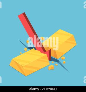 Flat 3d Isometric Gold Bar Cracked by Red Falling Arrow. Gold Market Crisis and Financial Concept. Stock Vector