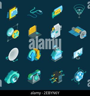 Telecommunication isometric icons set with satellite dish  data hub optical fiber receiver isolated elements vector illustration Stock Vector