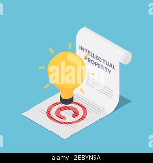 Flat 3d Isometric Light Bulb on Intellectual Property Document. Intellectual Property and Copyrights Concept Stock Vector