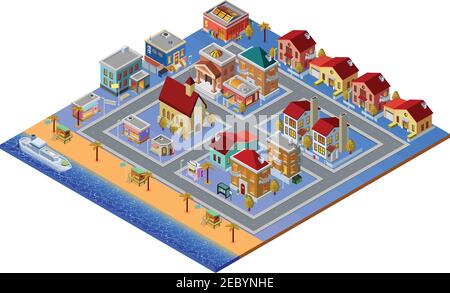 Isometric building set with church cottages and stores near beach and yacht in sea vector illustration Stock Vector