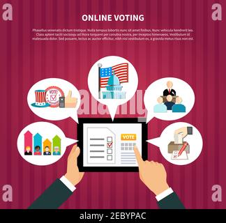 Online voting elections on hands hold tablet with rating, government, flag, ballot box flat vector illustration Stock Vector