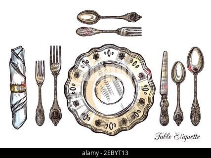 Table etiquette hand drawn vector illustration with vintage cutlery isolated icons set serving for one person Stock Vector