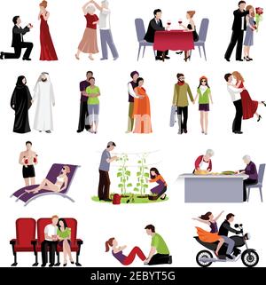 Couples people of different age and nationalities spending time together in various places flat set on white background isolated vector illustration Stock Vector