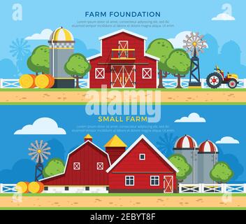 Two farm flat horizontal banners with farm foundation and small farm icons collections on countryside background flat vector illustration Stock Vector