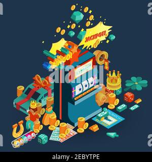 Isometric jackpot concept with slot machine chips dice money stack gold ...