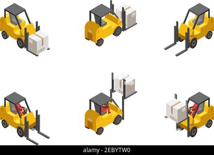 Yellow forklift truck with box set isolated on white background isometric vector illustration Stock Vector