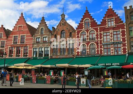 Guildhouses in Market Square, Bruges, Belgium. Market Square has held regular markets since 958 and was the medieval commercial centre of the city. Stock Photo