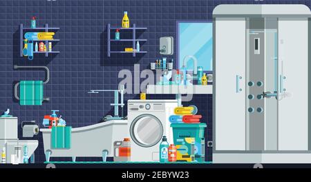 Hygiene icons orthogonal flat composition with shower cabin bath sink washing machine toiletries vector illustration Stock Vector