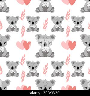 Seamless pattern on a white background, in vector graphics - grey, cute koala , leaves and hearts. For decorating textiles, covers, prints for Stock Vector