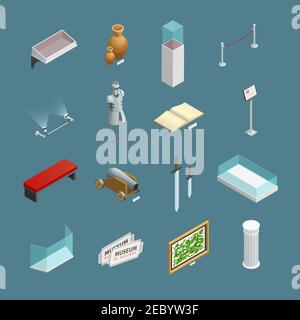 Museum exhibition isometric exhibits elements vector illustration ...