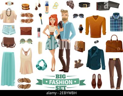 Big male and female fashion clothing shoes cosmetics and accessories set with young man and woman in middle on white background cartoon isolated vecto Stock Vector