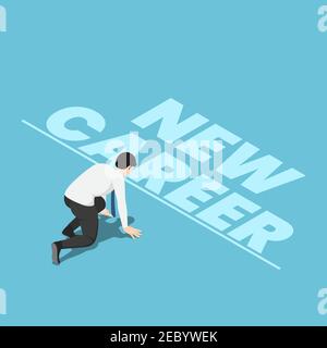 Flat 3d Isometric Businessman in Starting Position and Ready to Start New Career. Start New Career Concept. Stock Vector