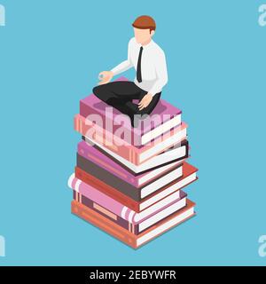 Flat 3d Isometric Businessman Doing Meditation in Lotus Pose on The Books Stack. Business Knowledge and Education Concept. Stock Vector