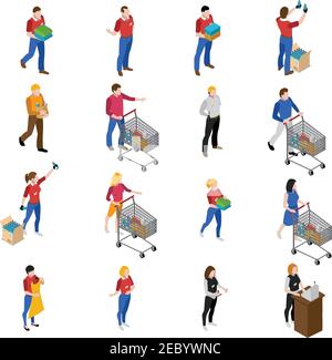 Supermarket isometric icons set with people and food isolated vector illustration Stock Vector