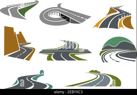Transportation emblems and traveling symbols design with crossroad, highway with ramp, mountain roads, tunnel, rural bypass freeway icons Stock Vector