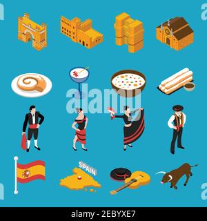 Touristic Spain isometric icons set on blue background isolated vector illustration Stock Vector