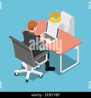 Flat 3d Isometric Businessman Typing on Laptop with Document and Crown. Content is King and Content Marketing Concept. Stock Vector