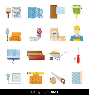 Various construction materials builder and tools icons set on white background flat isolated vector illustration Stock Vector