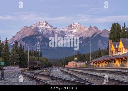 Banff Railway Station in summer evening. Banff National Park, Canadian Rockies. Banff, Alberta, Canada.