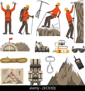 Color flat icons set of climbing hiking mountaineering equipments vector illustration Stock Vector