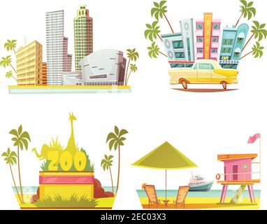 Miami 2x2 design concept with skyscrapers city zoo lifeguard cabin on beach cartoon compositions flat vector illustration Stock Vector