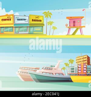 Miami beach horizontal banners in cartoon style with sandy shore seagulls yachts hotels  flat vector illustration Stock Vector
