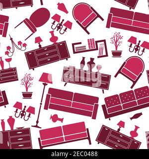 Living room interior seamless pattern with purple upholstered and cabinet furniture, lamps and interior accessories over white background. For interio Stock Vector