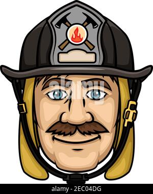 Brave firefighter in cartoon style with smiling mustached fireman in protective hood and black helmet with firefighting badge. Emergency service profe Stock Vector