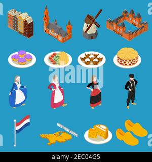 Set of color isometric icons different tourist attractions Netherlands cheese mill national clothes vector illustration Stock Vector