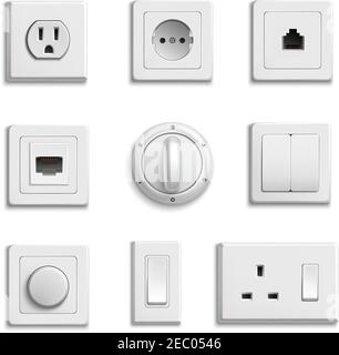 Square rectangular and round white switches and sockets realistic set on white background isolated vector illustration Stock Vector