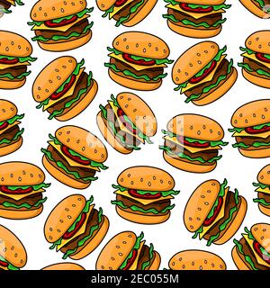 Fast food seamless pattern of appetizing cheeseburgers with grilled beef, cheddar cheese, fresh tomatoes and lettuce on sesame bun. For takeaway or fa Stock Vector