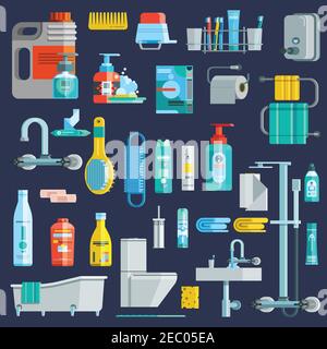 Flat colored hygiene icons set of bathroom equipment elements detergent toiletries at dark blue background isolated vector illustration Stock Vector