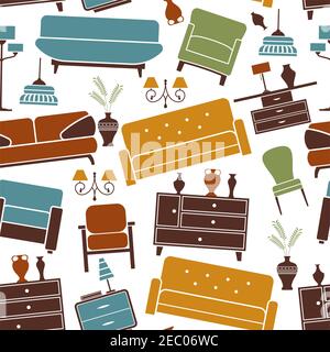 Home furniture seamless pattern with sofas and armchairs, chest of drawers, chairs, lamps and vases on white background. Retro pattern in pastel color Stock Vector