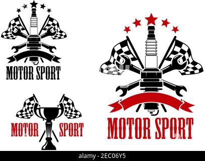 Motor race competition icons with trophy cup and spark plug, with crossed racing flags and spanners, decorated by stars, ribbon banners and text Motor Stock Vector