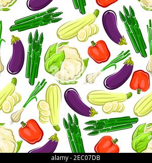 Red bell pepper and eggplant, green onion and zucchini, asparagus and cauliflower vegetables seamless pattern.  For vegetarian food, recipe book and c Stock Vector