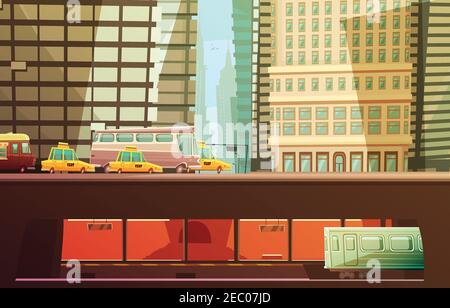New york city design concept with skyscrapers and urban transport so as yellow cabs municipal transportation subway flat vector illustration Stock Vector