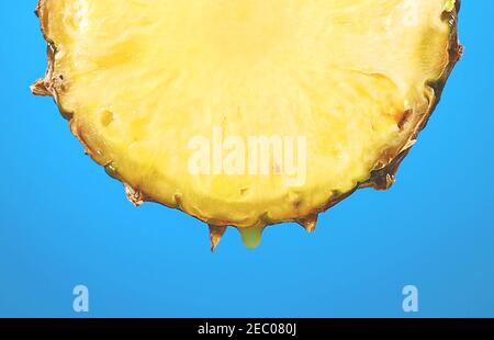 pineapple juice drop from the ripe fruit slice close-up on a blue background Stock Photo