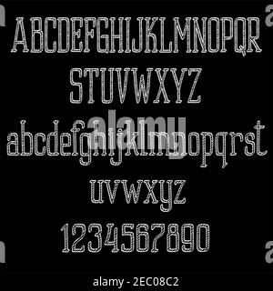Retro chalk alphabet font on a chalkboard with sketched letters and numbers. Addition to education, typography concept or page decoration design Stock Vector