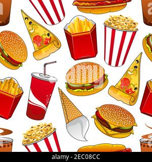Fast food seamless pattern with hamburgers, thin slices of pizza, cheeseburgers, crispy popcorn in striped buckets, paper cups of sweet soda and coffe Stock Vector