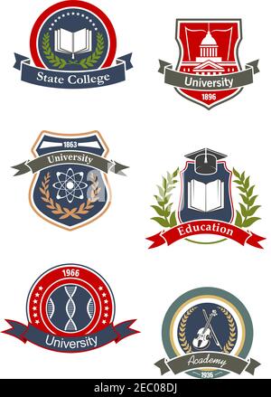 College, university, school and academy icons design with science, music, medicine and culture education symbols of DNA, books, atoms, violin, and lib Stock Vector